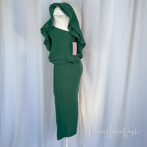 Hello Molly Caruso Ruffle One Shoulder Bodycon Dress Green - Picture 8 of 13